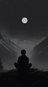 Quiet moonlit mountains and a lone dreamer at rest.