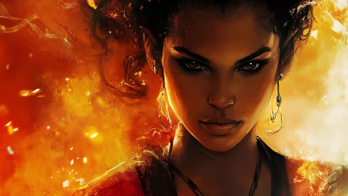 Digital painting portrait with fiery chromatic contrast focus.