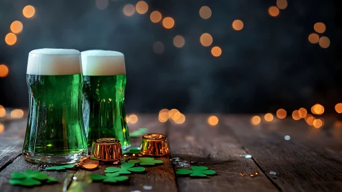 Two green beer glasses stand on rustic wood amid bokeh lights