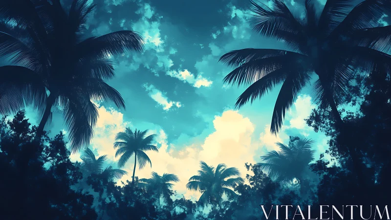 Silhouetted palm trees frame a bright teal and yellow sky
