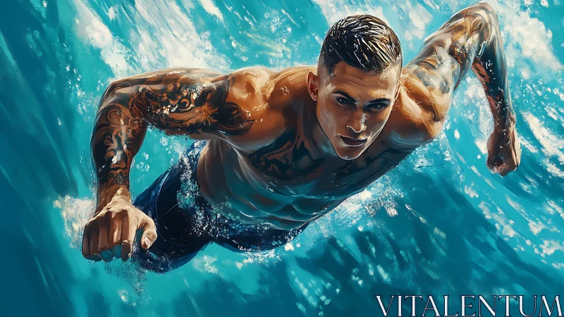 Tattooed swimmer powers through dynamic turquoise waves.