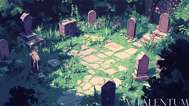 Wildflowers reclaim a forgotten circle of moss-lit gravestones
