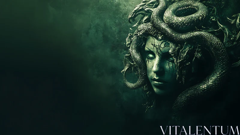 Mythic gorgon portrait with coiled serpents in toxic green haze