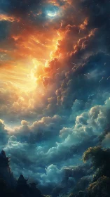 Vertical cloudscape with split warm and cool illumination.