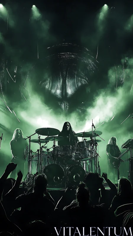 Photorealistic metal concert stage with dramatic backlighting.