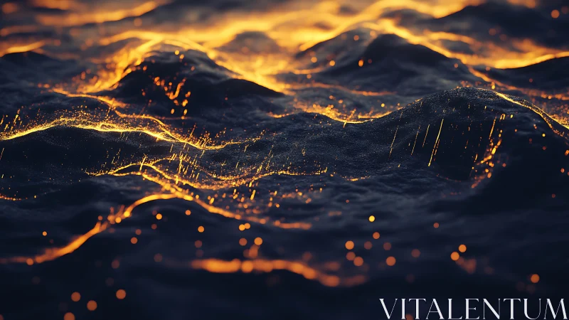 Luminous ember waves rolling across dark abstract terrain.