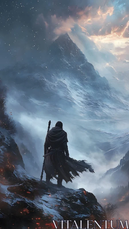 Hooded wanderer surveys glacial valley under dynamic storm sky