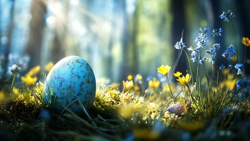Speckled blue egg resting in a sunlit spring forest meadow.