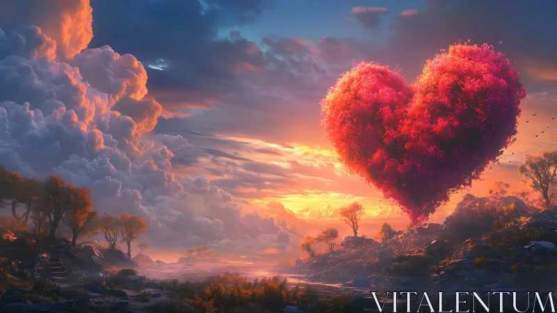 Crimson heart cloud floats in golden sunset sky.