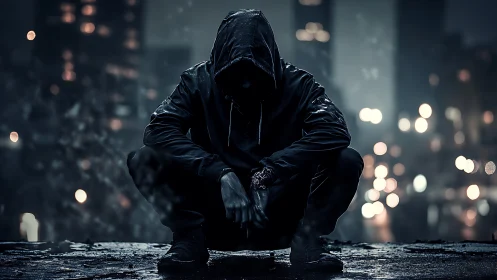 Hooded figure crouching on wet rooftop at night in cityscape.