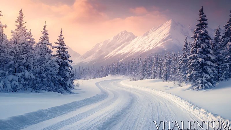 Winter mountain road curling toward a rosy sunrise sky.