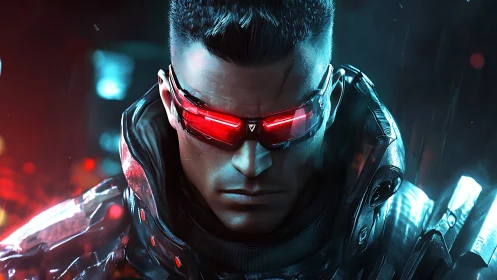 Cybernetic soldier with red visor in neon blue rain