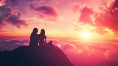 Two Friends Watching Vibrant Sunset Above Clouds, Dreamy Style.
