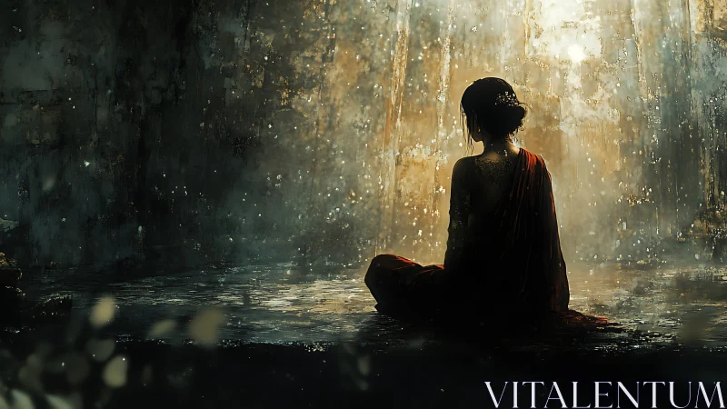 Solitary robed figure meditating in luminous rainfall cavern.