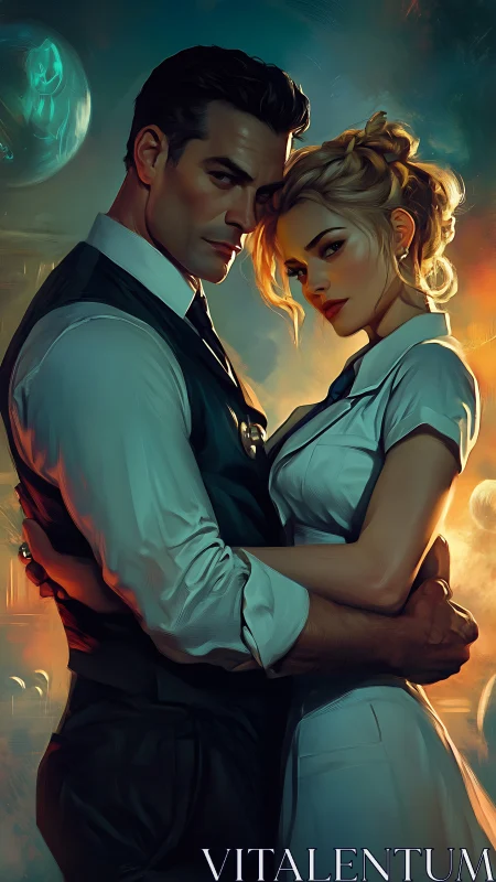 Couple in Elegant Embrace Against Luminescent Backdrop.