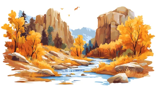 Golden autumn canyon glows around a tranquil mountain river