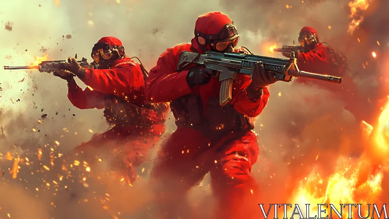 Armed Personnel in Red Tactical Gear Amid Combat Scenario.