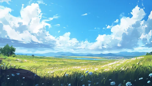 Wide grassy meadow under expansive cloud-filled sky.