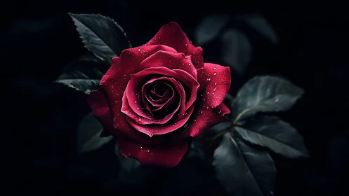 Deep Crimson Rose with Water Droplets Against Dark Background.