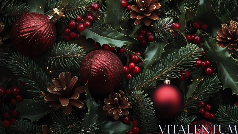 Red baubles nestle in lush evergreen and pinecone wreath