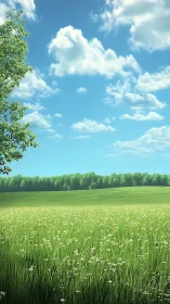 Sunny meadow under drifting clouds invites calm reflection