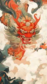 Red dragon head emerges among stylized clouds in profile
