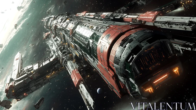 Massive detailed starship cruising through deep space.