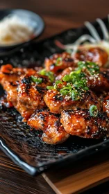 Glazed Chicken Bites Shine on Stone with Fresh Garnish