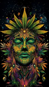 Psychedelic botanical mask portrait with cosmic cannabis halo