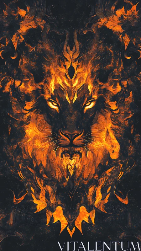 Infernal lion portrait forged from blazing symmetrical fire.