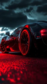 Midnight supercar rear view under red neon storm light.