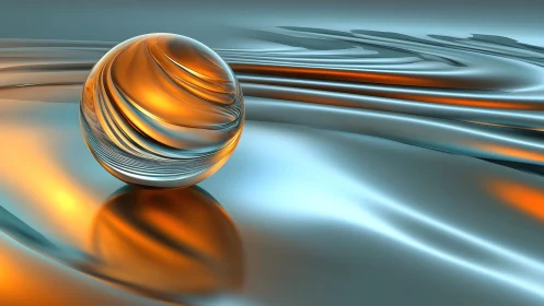 Shimmering Glass Sphere on Metallic Waves, Digital Abstract Art.