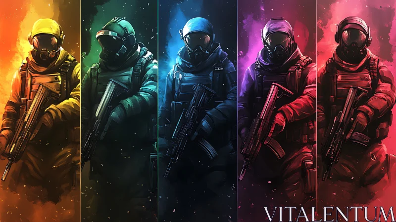 Chromatic strike squad standing in vapor-bright battlefields.