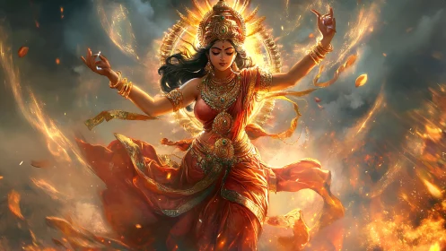 Fiery goddess figure dancing in swirling divine flames.
