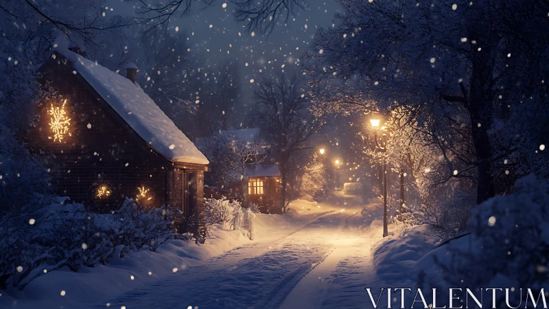 Snowy village lane glows with warm cottage and lamplight