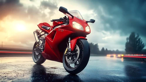 Red supersport motorcycle dominates wet highway at dusk