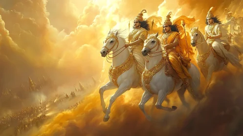 Sun-drenched celestial riders storm through molten clouds