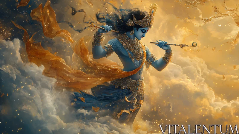 Celestial blue musician drifting through golden clouds.