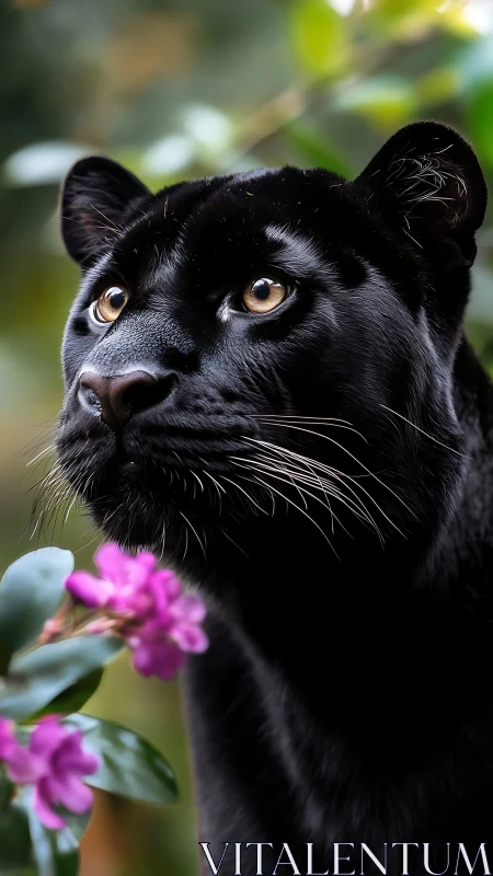 Black Panther Portrait: Golden Eyes Amid Purple Blooms.
