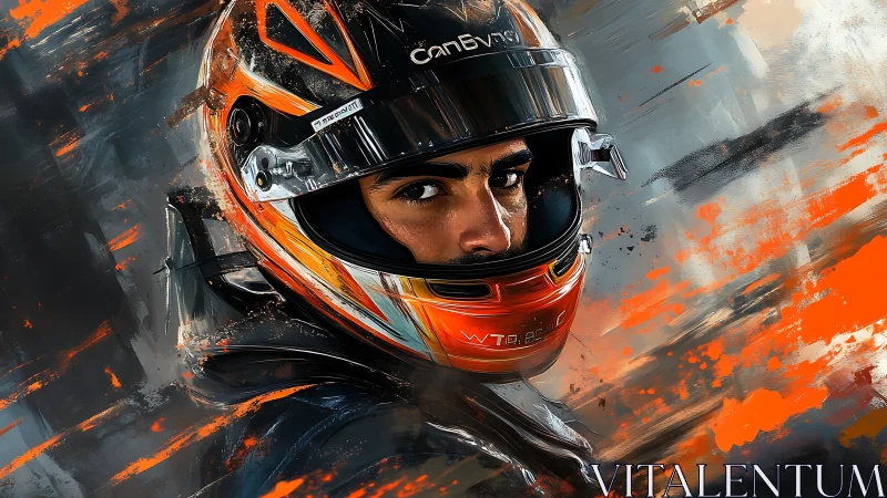 Blazing race helmet portrait bursting with focused energy.