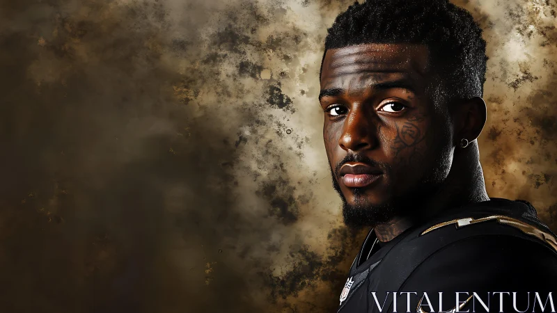 Focused football player against dramatic golden haze backdrop.