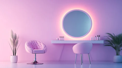Modern pink vanity room with round backlit wall mirror.