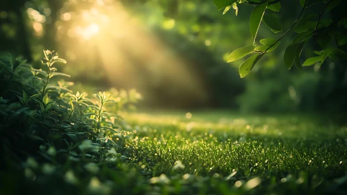 Sunlit Green Garden Scene with Lush Foliage, Soft Focus Nature.