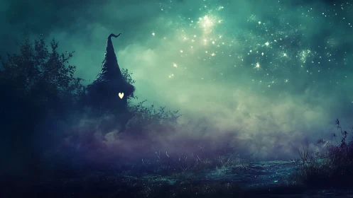 Enchanted forest hut under teal nebula sky at nightfall.