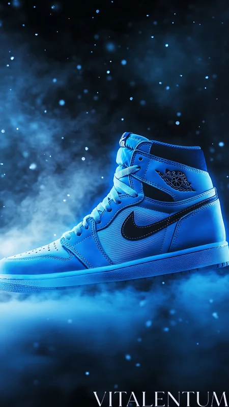 High-top basketball sneaker in blue neon fog with bokeh field