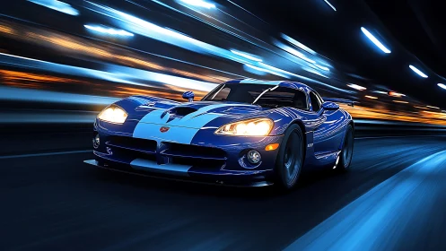 Blue racing supercar streaks through neon-lit tunnel at speed.