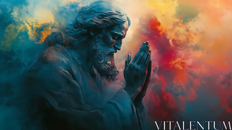 Praying robed figure within ethereal teal and ember clouds.