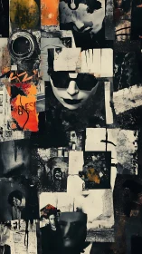 Concept art collage with fragmented noir portraits and textures.