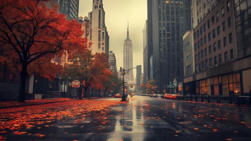 Autumn rain crowns the quiet Manhattan canyon with ember leaves.