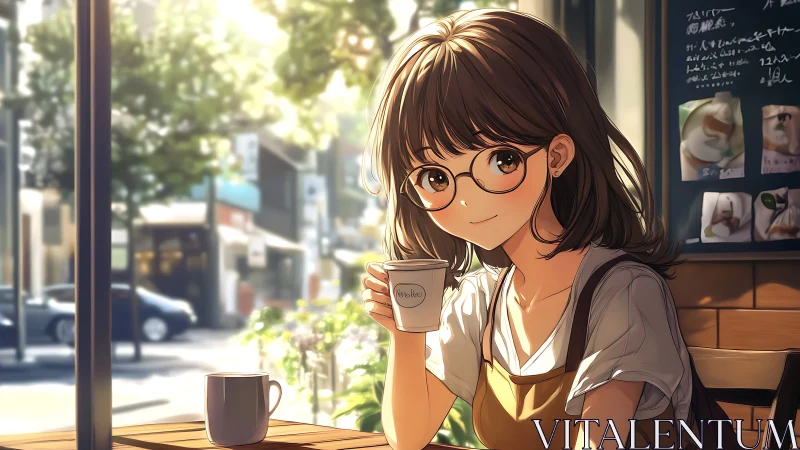 Warm café interior framing an anime girl under soft rim lighting